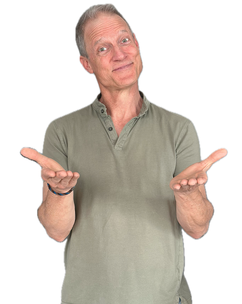 Mike the Chameleon gesturing with open hands
